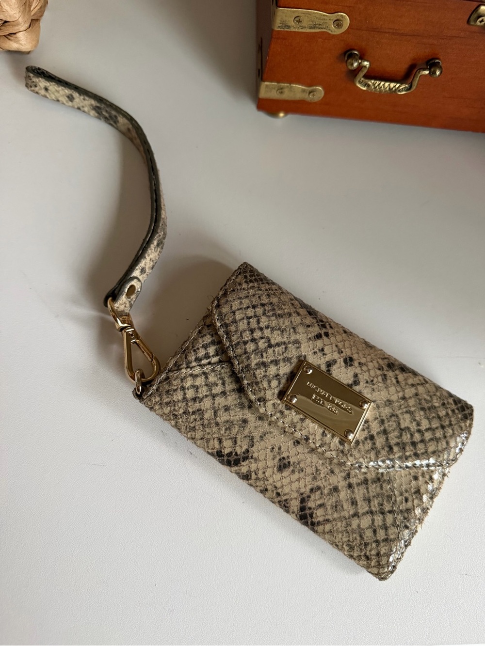 Michael Kors Vintage Cream Snake-Print Wristlet Clutch with Gold Hardware